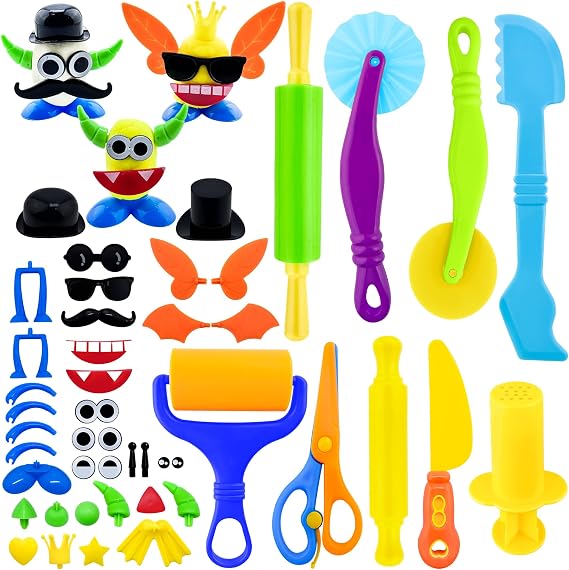 Dough Play Tools for Kids,46pcs Clay Tools Play Accessories with Cutters, Roller, Rolling Pins, Safety Scissors, Plastic Knife, Dough Body Part