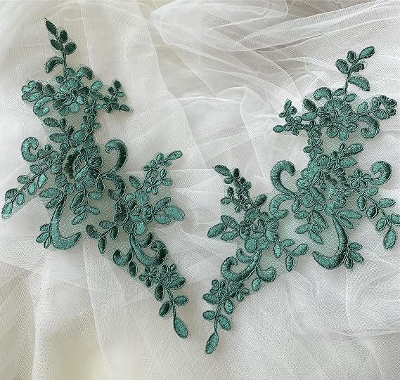 Lace Applique with Sequin Corded Flower Embroidery Lace Appliques Lace Motif Dress Patches for Craft Projects Mirror Pair (Emerald)
