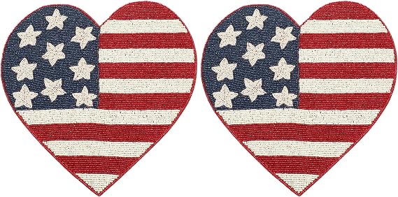 Lightnpro HeartShaped Beaded Placemats Set of 2 13 Inch Red White Blue Charger Mats, Handcrafted Artisan Table Accessories, Decorative Table Decor for Independence Day & Memorial Celebrations