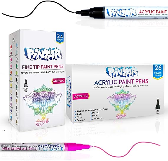 PINTAR Premium Acrylic Paint Pens - (24 Pack) Fine Tip Pens & (26 Colors) Medium Tip Pens For Rock Painting, Ceramic Glass, Wood, Paper, Fabric & Porcelain, Water Resistant Paint Set, Surface Pen