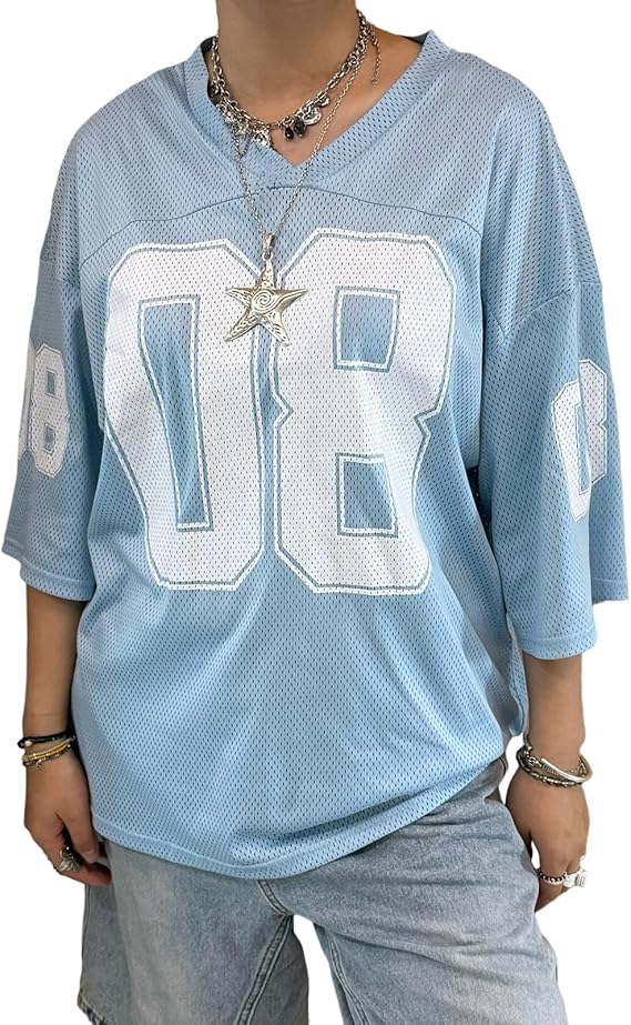 Jersey Shirts Women Y2k Number Graphic Oversized Short Sleeve Tops V Neck Cute Teen Girls Football Tees Streetwear