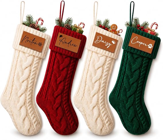 ELEGANTPARK Personalized Christmas Stocking Knit 1 Pack Leatherette Tag
