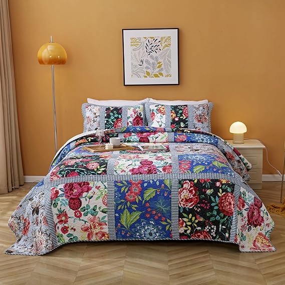 ABREEZE Cotton Bedspread Quilt Sets 3-Piece Reversible Bedding Coverlet Sets Comforters Vintage Luxury Gorgeous Floral Real Patchwork Bedspread,Queen Size Blue