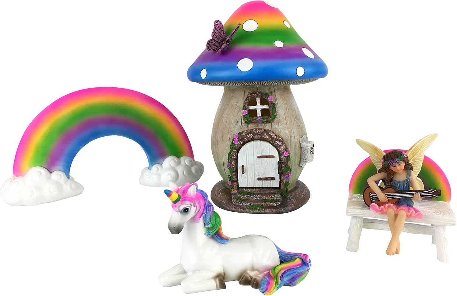 GlitZGlam Miniature Rainbow Mushroom Fairy House - 5-Piece Set - Whimsical Multicolor Resin Figurines for Fairy Garden & Home