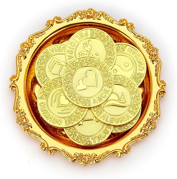 TINGKU Gold Spanish Las Arras de Boda Cristiana with Tray Plate, Arras Para Boda Catolica, Arrhae Wedding Coins Set for Ceremony, Decoration para Boda