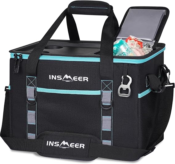 INSMEER Cooler Bag with Hard Shell, Portable 40L/60 Cans Collapsible Large Cool Bag Insulated with Top Cup Table & Opener, Cooler Bag for Camping, Picnic, Beach