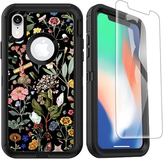 Compatible for iPhone XR Case with Screen Protector Cute Floral Design Shockproof Full Body Heavy Duty Protective Case for Girls Women, Black Flowers