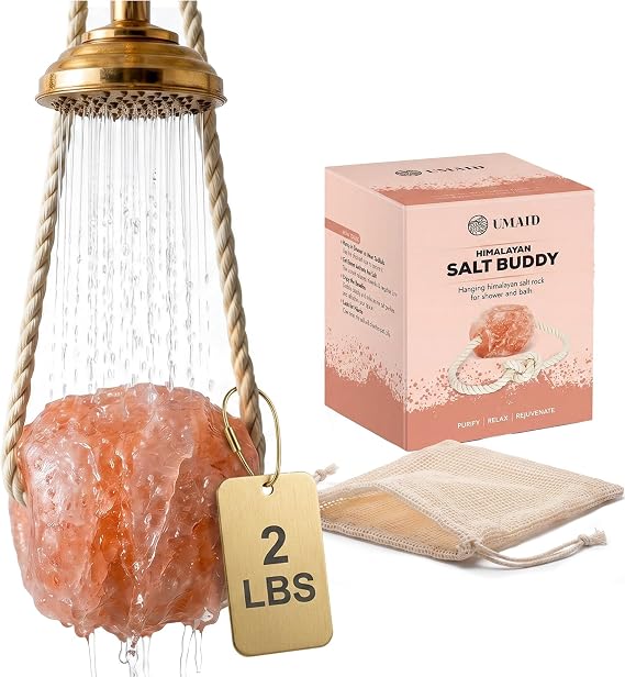 UMAID Himalayan Pink Salt Rock for Shower & Bath Salt Buddy 2 lb Hanging Mineral Stone for Spa-Inspired Relaxation, Self-Care & Bath Soaks, Unique Wellness & Home Spa Gifts for Men & Women