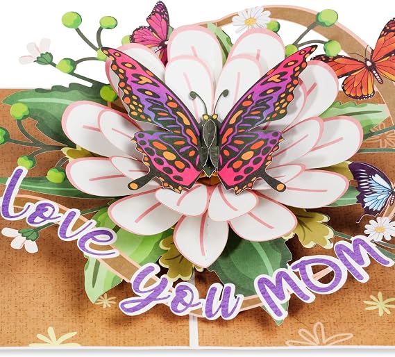 Paper Love Frndly 3D Pop Up Mother's Day Card, Love You Mom Butterfly, Handcrafted - 100% Recycled and Eco-Friendly, 8" x 6" Cover - with Note Tag