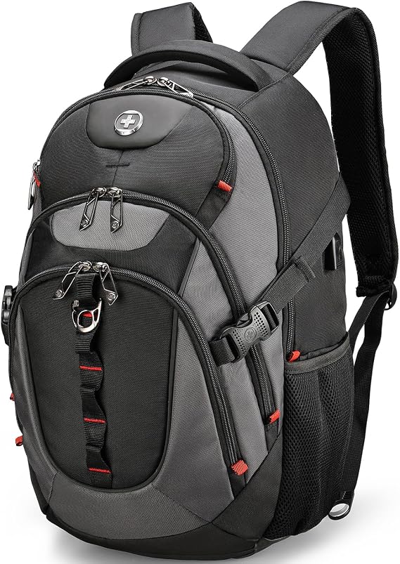 Swissdigital Design Laptop Backpack, Travel Backpack with USB Charging Port Fits 15.6 inches Computer, 31L College School Bookbag for Men, Black/Grey | SD803-02