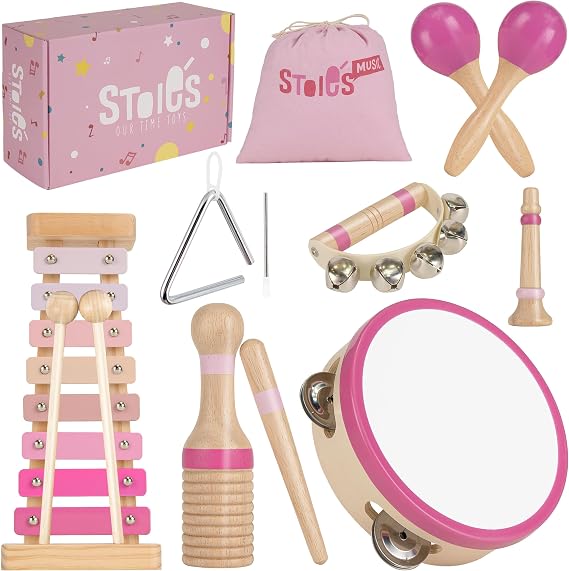 Stoies Pink Wooden Musical Instruments for Toddlers Ages 3+, Montessori Music Toy Set with Xylophone, Tambourine, Maracas & Triangle, Educational Preschool Toys for Girls & Boys