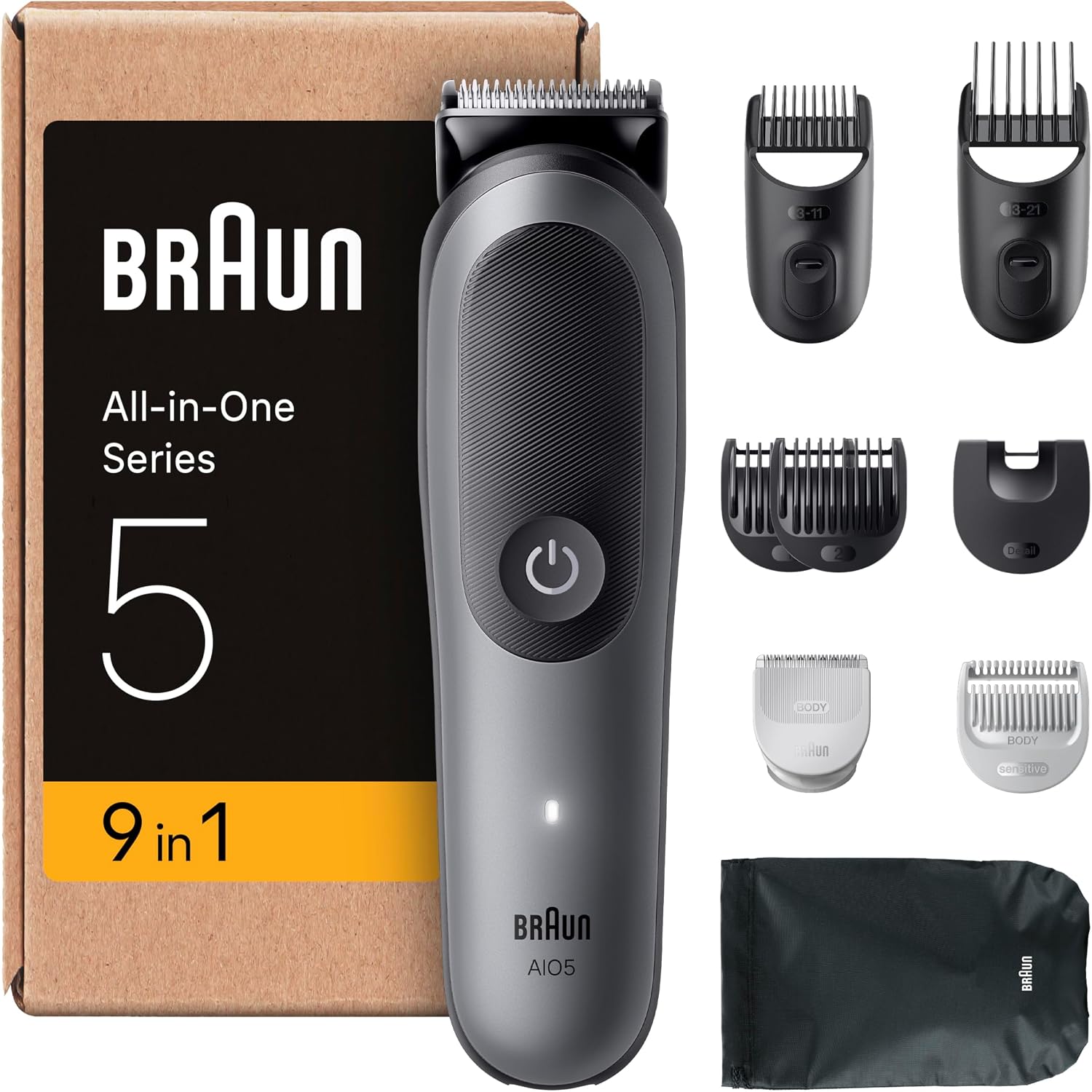 Brown All-in-One Trimmer Set 5 9-in-1 Multigroom Hair Cutting Machine for Face Head and Body Beard Trimmer Nose Hair Trimmer 120 Min Battery 14 Lengths 3–21 mm Waterproof AIO5545 Gray