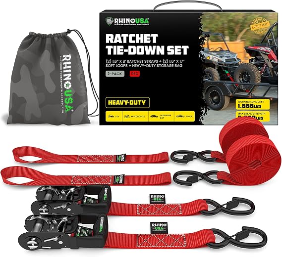 Rhino USA Heavy Duty Ratchet Tie Downs (2-Pack) - 1.6in x 8ft, 5,000lb