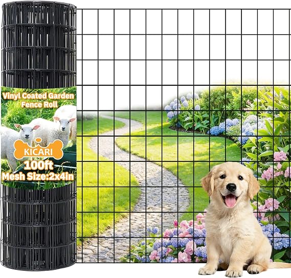 Black Metal Garden Fence,48inch(H) x 100ft(L),2 inch x 4 inch,12.5GA Coated (14GA Bare) 2/3/4/5/6 Ft Tall Chicken Wire PVC Coated Welded Wire Mesh Roll for Dogs Border Yard Vegetable Plant Poultry