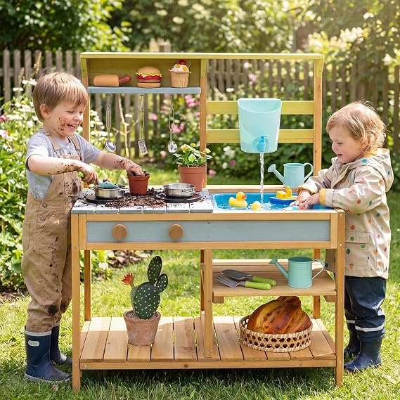 Costzon Wooden Kids Play Kitchen, Outdoor Mud Kitchen with Removable Sink, Water Box & Faucet, Stove Top, Storage Shelves, Fun Backyard Pretend Kitchen Playset for Boys Girls 3+ (Blue)