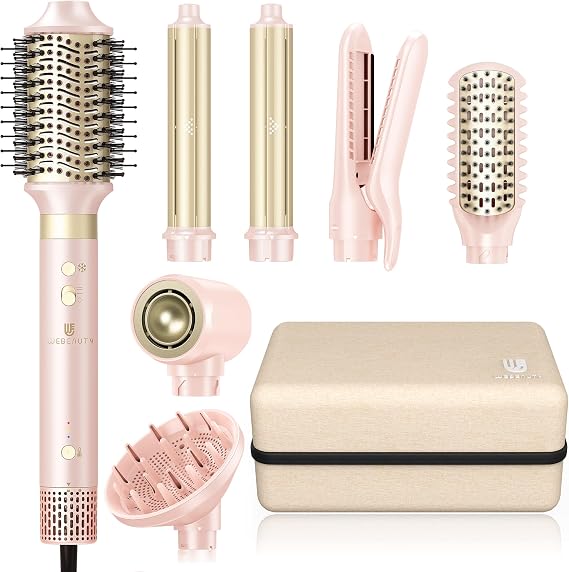 Hair Dryer Brush 8-in-1 Dual Voltage Hot Air Styler Fast-Drying 110,000 RPM Ionic Blow Dryer with Straightener & Curler Attachments, Frizz-Free Volumizing Styler with Protective Hard Case-Pink