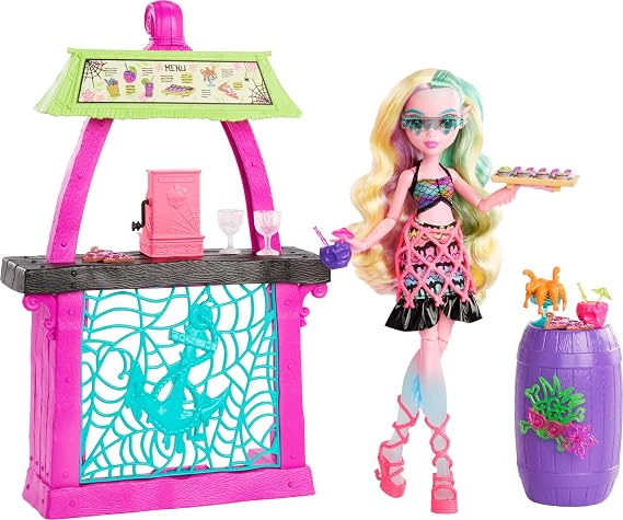 Monster High Lagoona Blue Scare-adise Island Snack Shack Shack Doll and Playset with Food Accessories and Colour Changing Drinks