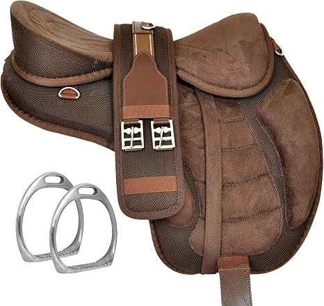 ADB CREATIONS All Purpose Pony and Adult Synthetic Treeless Freemax English Horse Saddles Size with Matching Girth & Aluminum Stirrups 10 to 18 Inch Seat (Brown, 15" Inch)