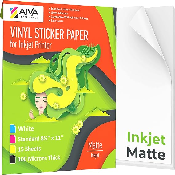 Printable Vinyl Sticker Paper for Inkjet Printer - Matte White - 15 Self-Adhesive Sheets - Waterproof Decal Paper - Standard Letter Size 8.5"x11"
