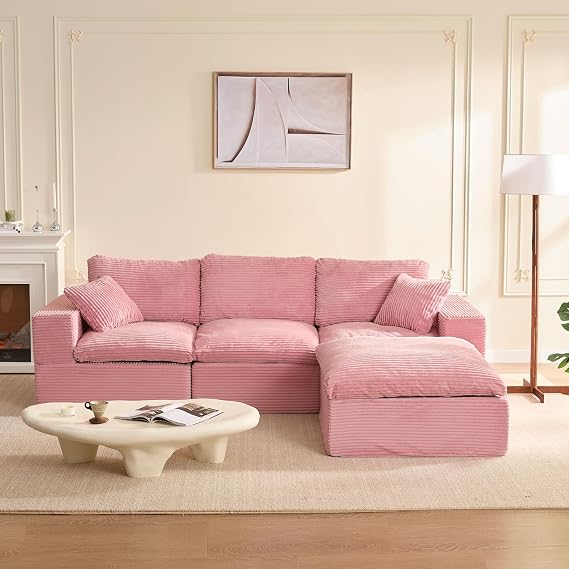 Modular Sectional Sofa and Sofa Bed, L-Shaped Cloud Couch with Memory Foam, No Assembly, Deep Seat,Set of Corduroy Convertible Sofa for Living Room (Pink, 268 cm L-Shaped)