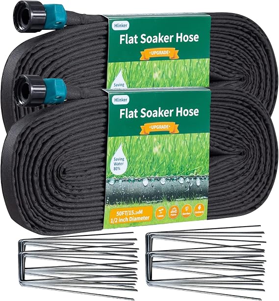 Hlinker 2025 Flat Soaker Hose 100 ft (50ft 2Packs) with Stake for Garden, Linkable Drip Hose DIY Automates Garden Irrigation System Saving 88% Water, Dual-Layer Leak-Free Design Water Hose with Holes