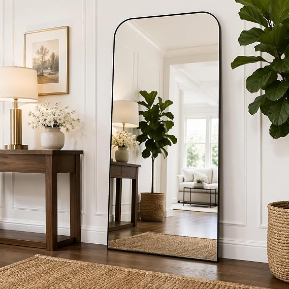 Arched Floor Standing Mirror 71"x26"Black with Top Round Corner