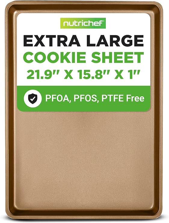 NutriChef Nonstick XL Cookie Sheet Baking Pan, Extra Large 22 Inch x 16 Inch, Carbon Steel Oven Baking Sheet for Cookies & Pastries, Gold - NCLG1GD