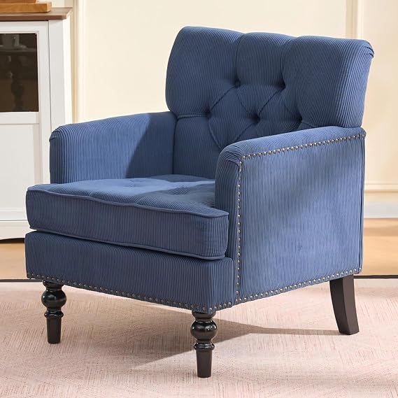 Mid-Century Modern Accent Chair, Tufted Linen Fabric Upholstered Armchair with Studded Detail & Solid Rubber Wood Legs, Club Chairs for Living Room, Bedroom, Office (Blue)