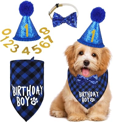 Weewooday Dog Birthday Party Supplies Birthday Boy Girl Cake Bandana Triangle Scarf Party Hat Dog Bow Tie Collar with Numbers for Large Medium Small Dog Puppy 1st BirthdayElegant Style,Medium