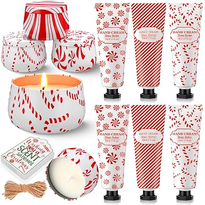 6 Set 12 Pcs Christmas Candy Cane Scented Gift Bulk for Women 3.5oz Peppermint Scented Candles Hand Cream Lotion Set Xmas Stocking Stuffer Secret Sister Gifts for Employee Team Favor