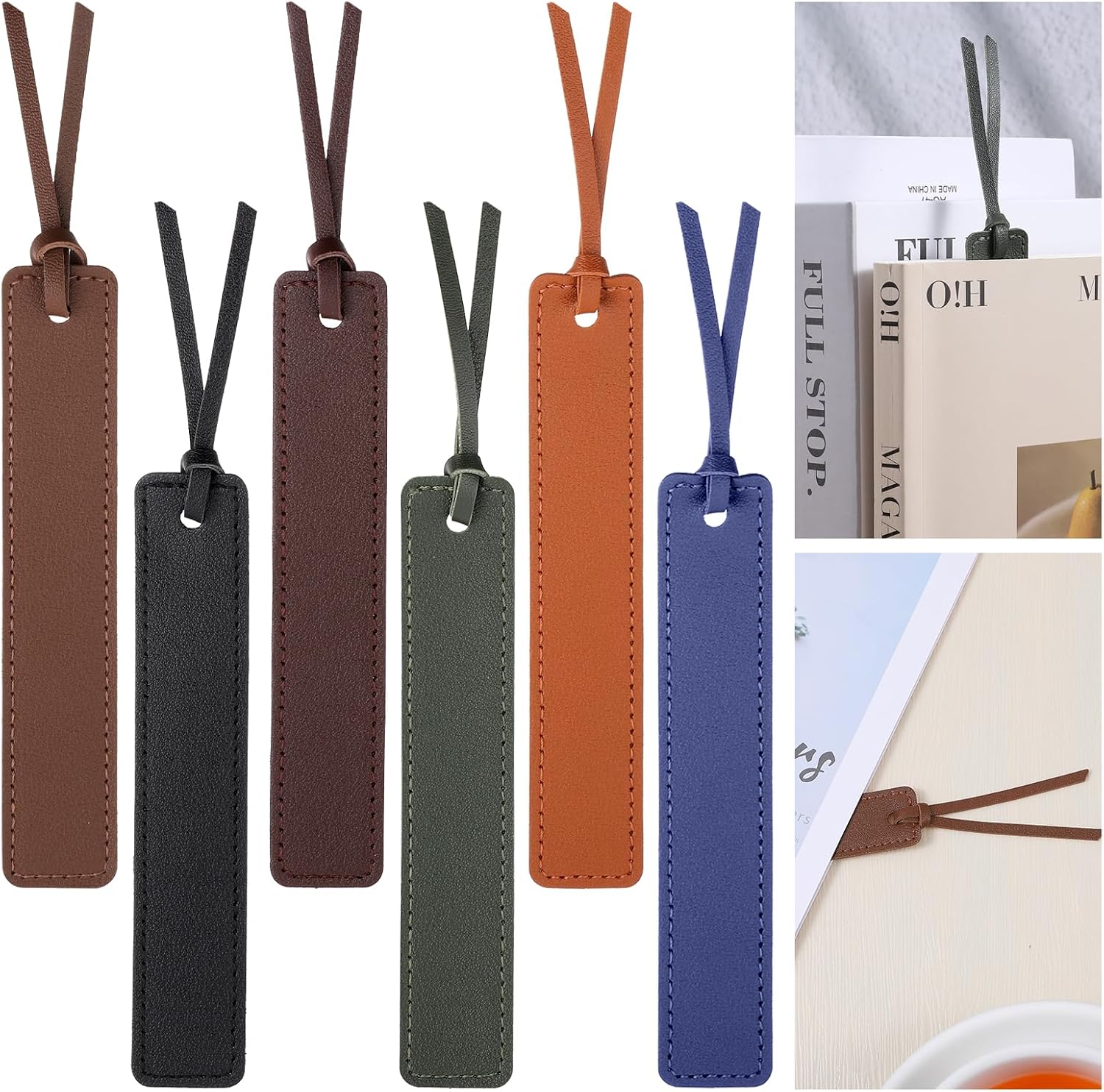 6PCS Leather Bookmark, Classic Stitched Bookmark with Leather Rope, Simple Retro Bookmarks for Men, Gentleman Bookmarks for Book Lovers, Readers, Writers, Teachers and Students 6 Colors