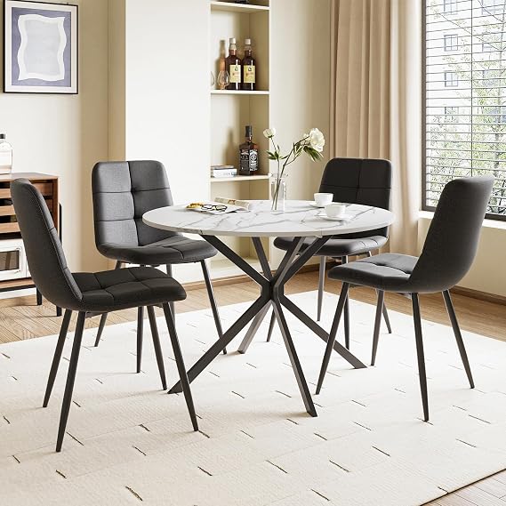 Round Dining Table and Chairs Set 4, 100cm White Marble Effect Folding Table with 4 Black Upholstered Linen Chairs for Dining Room, Kitchen