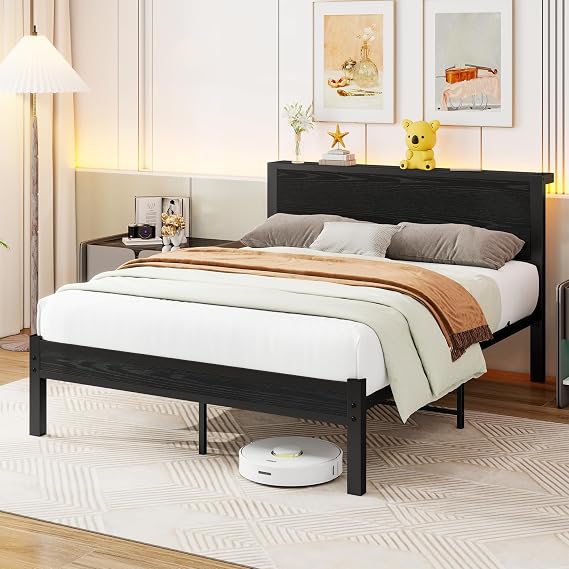 Double Bed Frame Metal Platform Bed Frame with Wood Headboard