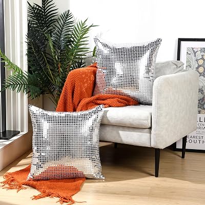 2 Pcs Disco Ball Pillow Covers Sequin Decorative Pillowcases Glitter Square Cushion Cases Shiny Throw Pillow Covers for Disco Party Home Bedroom Sofa Couch Decoration 18 x 18