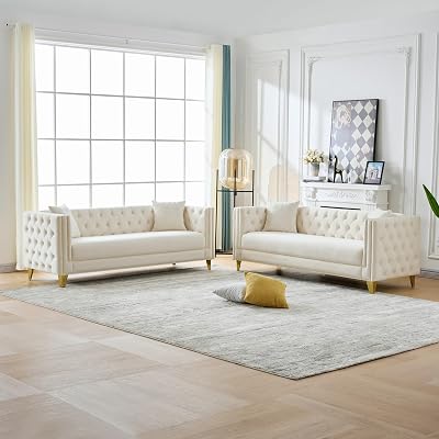 DEINPPA 2 Piece Chesterfield Couch Sets, Velvet 3 Seater Sofa Set with Throw Pillows, Comfy Couch with Nailhead Trim and Metal Legs for Living RoomApartmentOffice-Beige