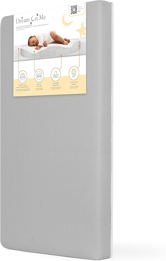 Dream On Me Snuggles Extra Firm Dual-Sided Baby Crib Mattress with Breathable Fabric, Water & Odor Resistant, GREENGUARD Gold Certified, Fits Mini & Portable Cribs (38x 24x 3) - Grey