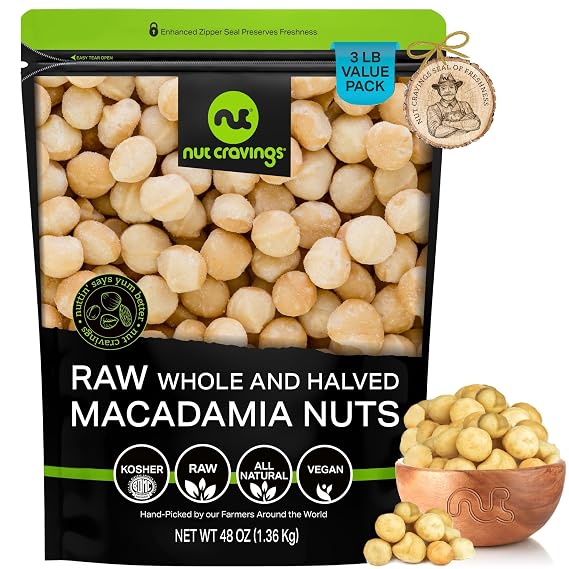 NUT CRAVINGS - Raw Macadamia Nuts, Unsalted, Shelled, and Halved, (48oz - 3 LB) Bulk Nuts Packed Fresh in Resealable Bag - Kosher Healthy Snack, Food Assortments Hazelnut