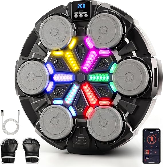 Smart Music Boxing Machine for Kids 8-12 Teens Adults, Wall Mounted Punching Pad with Bluetooth 5.0 LED Rhythm 9 Speeds, Drill-Free Quiet Fitness Gear + Gloves, Gift for Boys Girls Birthday Christmas
