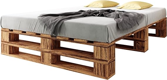 sunnypillow Wooden Pallet Bed M2 140 x 200 cm with Slatted Frame Double Bed Family Bed - Raised Double Bed Frame Futon Bed Comfort Height Flamed Solid Wood Bed