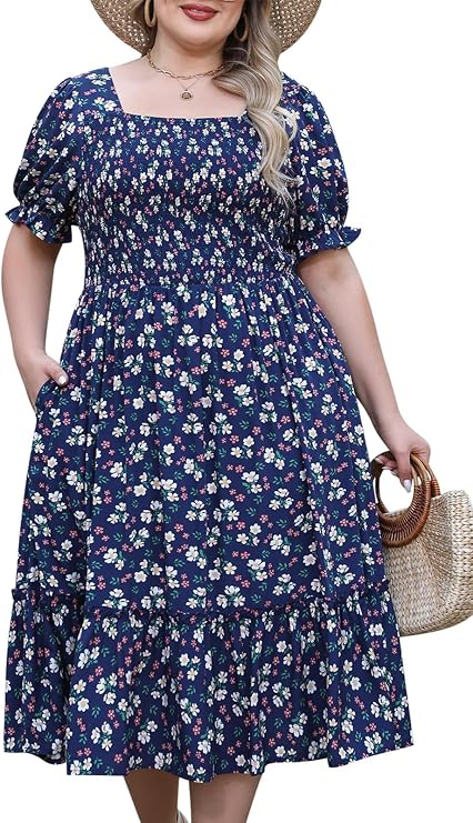 Nemidor Women Plus Size Summer Boho Dress Smocked Midi Pocket