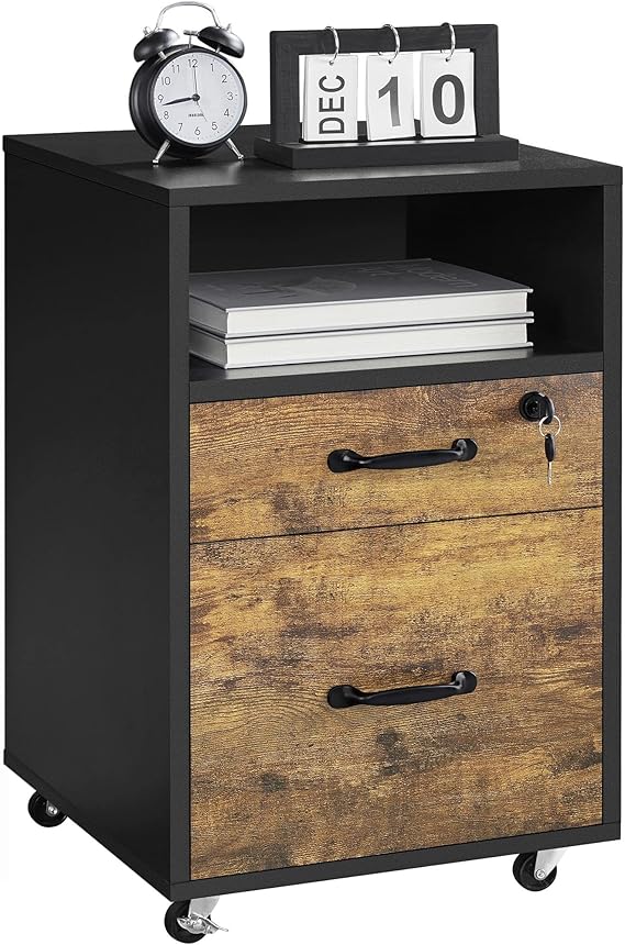 Yaheetech 2-Drawer File Cabinet with Lock, Under Desk Storage, Rustic Brown | Lockable drawer holds hanging files; a small drawer and open shelf fit under a desk; rolls on casters, two-tone wood finish.