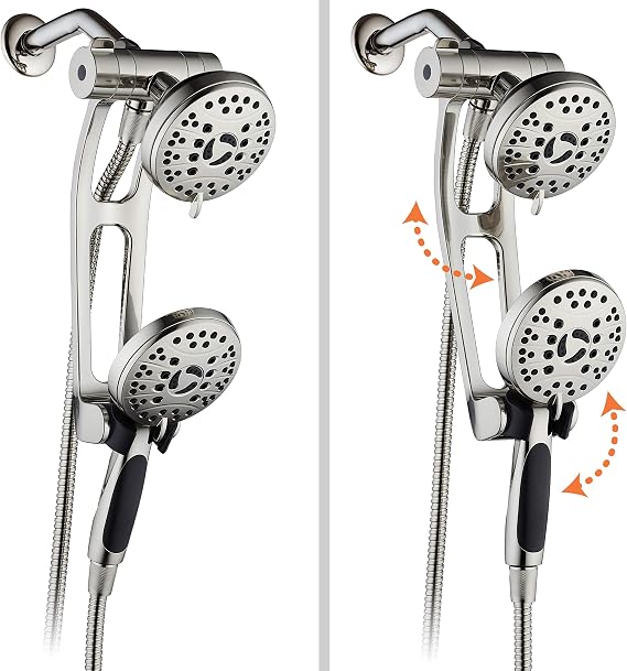 High Pressure 48-mode Luxury 3-way Combo with Adjustable Extension Arm Dual Rain & Handheld Shower Head Extra Long 6 Foot Stainless Steel Hose All Brushed Nickel Finish Top US Brand