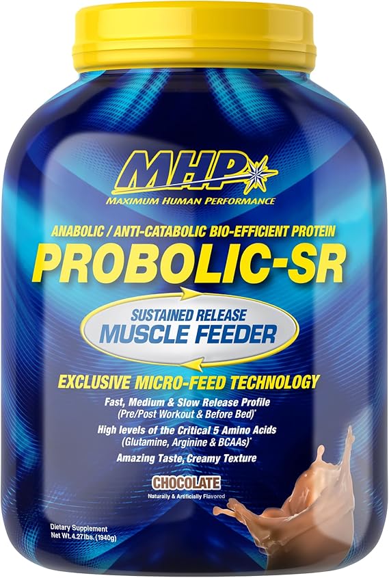 Maximum Human Performance Probolic-SR Sustained Release Protein Powder, 24g Protein, BCAAs, Glutamine, Arginine, Pre-Workout, Post-Workout, Nighttime Protein, 4lbs, 52 Servings, Chocolate