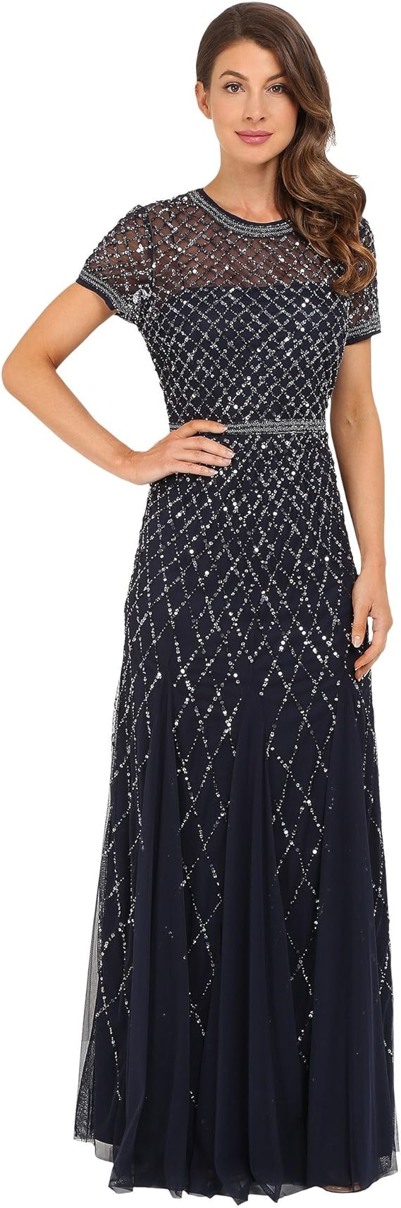 Adrianna Papell Women's Short Sleeve Beaded Mesh Gown, Chartreuse