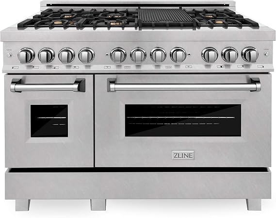 ZLINE 48 in. 6.0 cu. ft. Legacy Dual Fuel Range with Gas Cooktop and 2 Electric Ovens in Satin Stainless Steel with 6 Brass Burners (RAS-SN-BR-48)