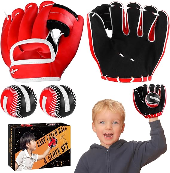 Aodaer 2 Pack T Ball Sets Baseball Glove and Ball Set for Teenager Easy Catch, Yard Lawn Game, Baseball Play - Black and Red