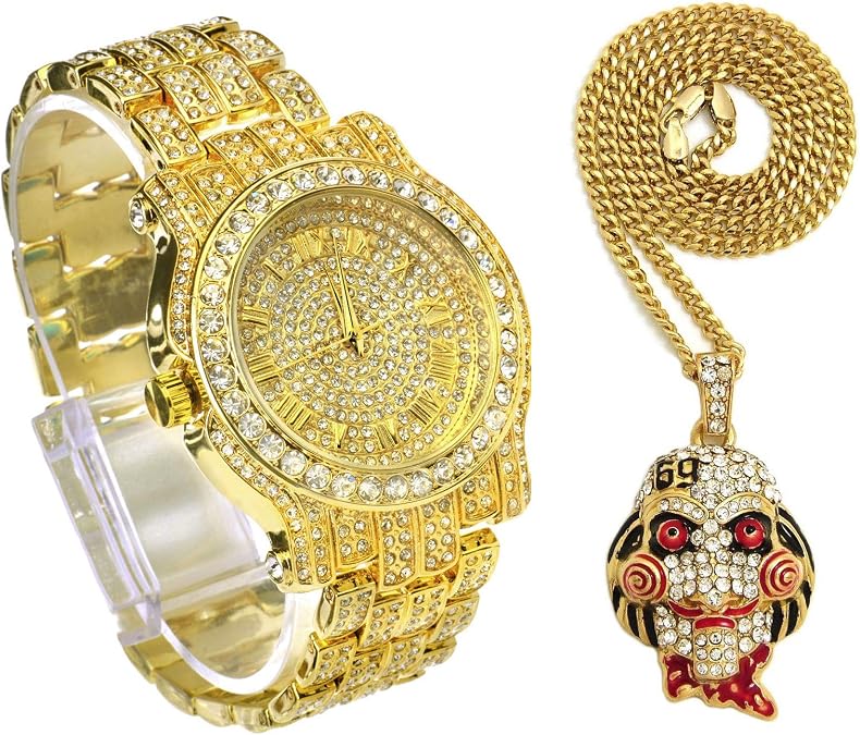 Hip Hop Gold Plated Iced Bling Lab Diamonds Watch & Jigsaw Pendant Necklace Set