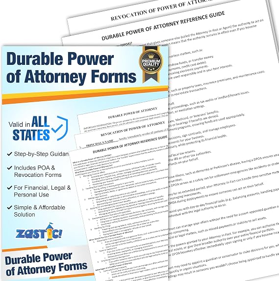 Zastic! Durable Power of Attorney Forms Kit - Comprehensive Power of Attorney Form for Financial, Legal, and Personal Use Includes 3 Blank Durable Power of Attorney Forms, Guide, Envelopes