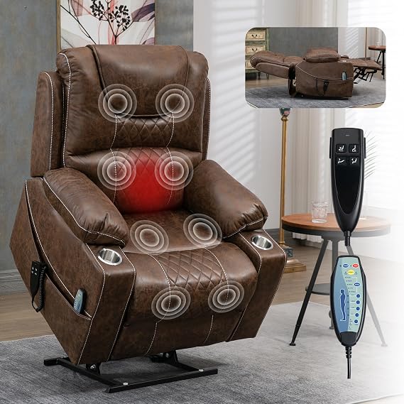 Large Power Lift Recliner Chair with Massage and Heat for Elderly Big and Tall People, Dual Motor 180 Lay Flat Overstuffed Wide Leather Recliners with 2 Cup Holders, Side Pocket