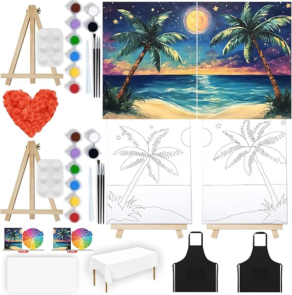 2 Pack Couples Paint and Sip Kit Pre Drawn Canvas Date Night Moonlit Easel